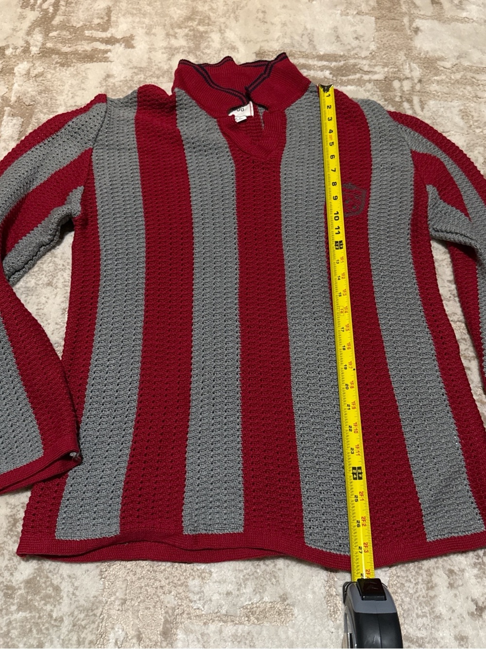 BDG Red and Gray Striped V-Neck Sweater